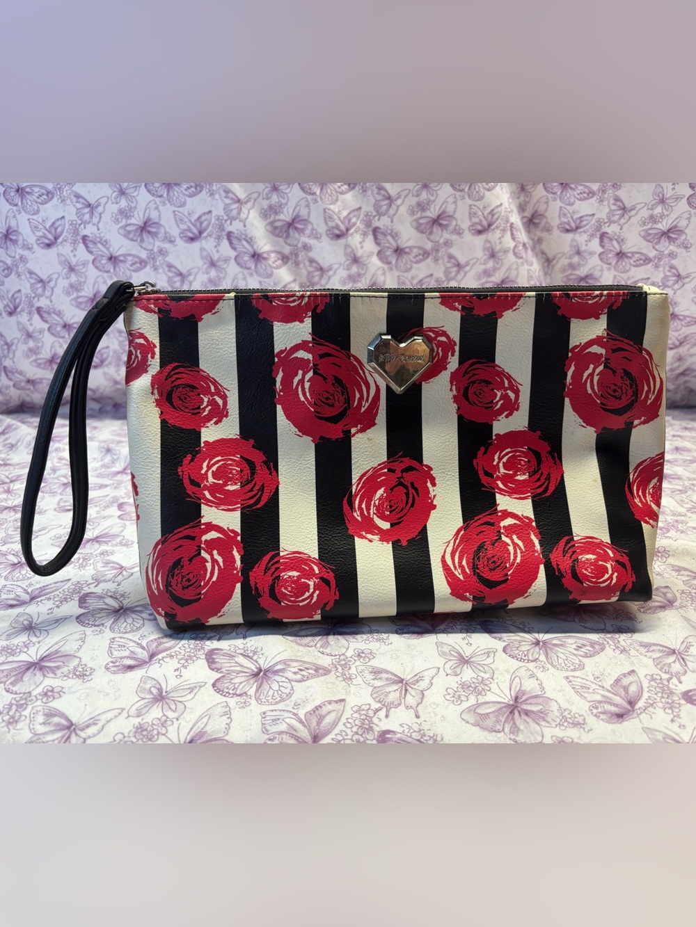 ✴️Betsey Johnson Black & White Stripe XL Cosmetic Pouch with Red Rose Print